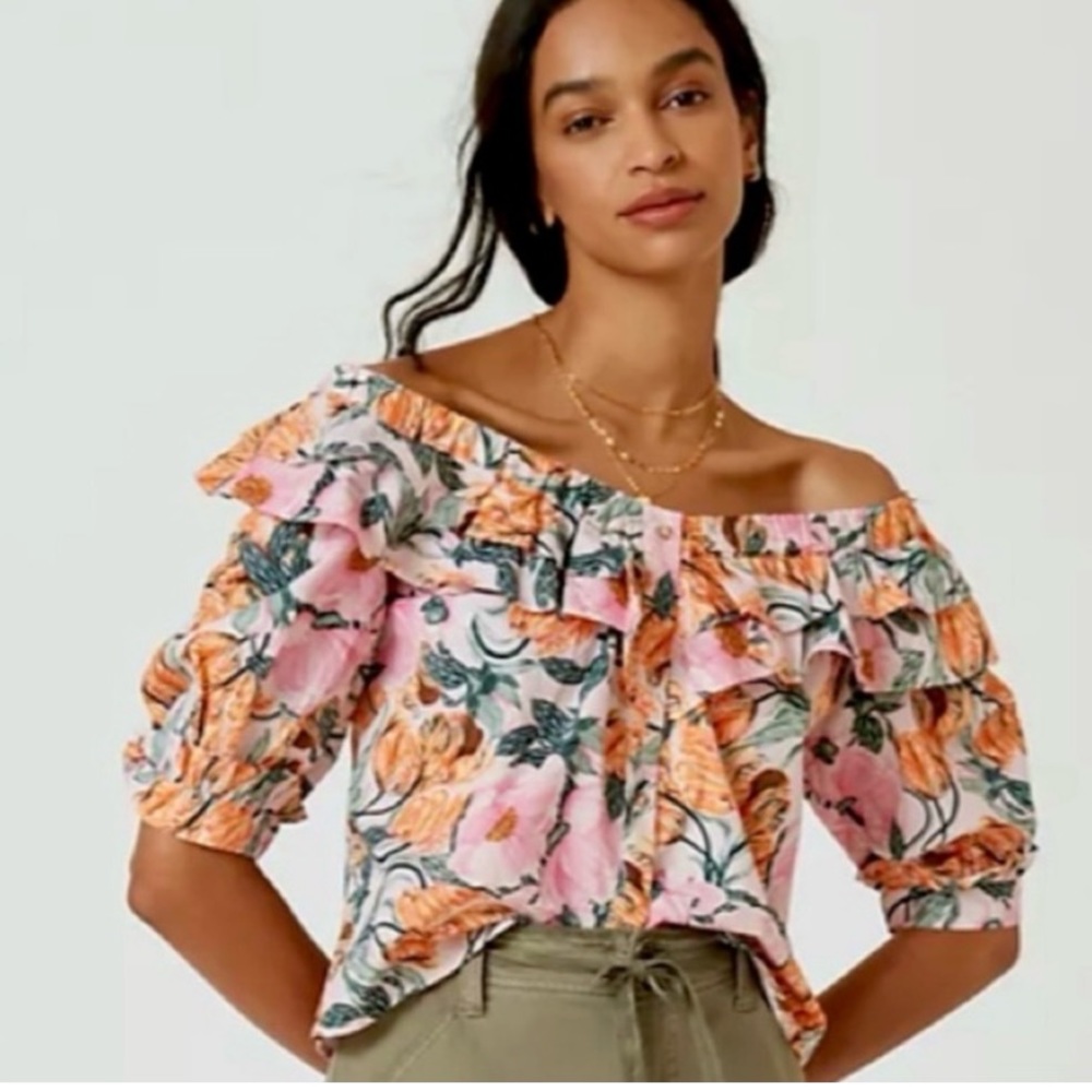 🌸Anthropologie X Celia Petterson Pink  🌸floral off the shoulder ruffle top NWT X